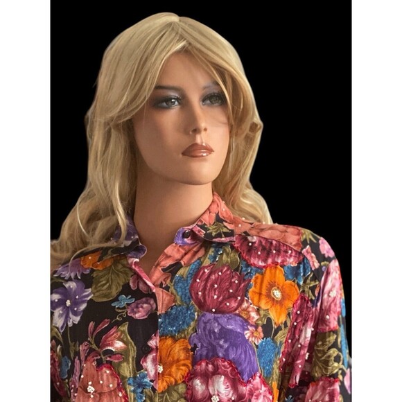 Vtg 80s Destination Other M L Shirt Oversize Floral Colorful Sequins Beaded - Picture 6 of 16